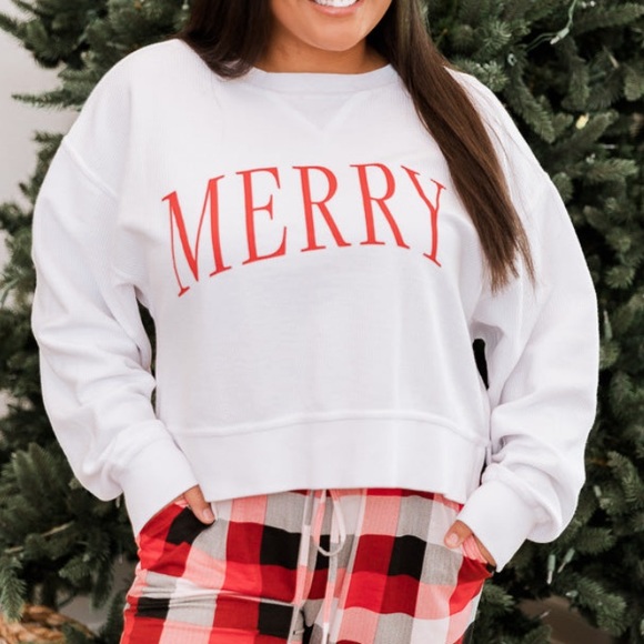 {Pink Lily} MERRY VARSITY WHITE CROPPED CORDED GRAPHIC SWEATSHIRT - Women’s - Picture 2 of 6